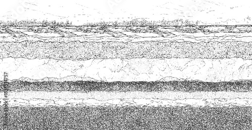 Black and white cross section of geological strata with wavy lines and granular textures geology layers 