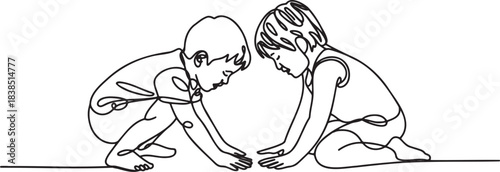 Two children playing together crouching down continuous line art