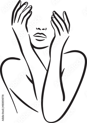 Woman covering face with hands minimalist continuous line portrait