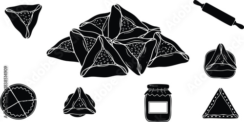 Flat design close up triangular hamantaschen cookies arranged on baking sheet with rolling pin and jam jar top view soft natural lighting dusted with sugar rustic