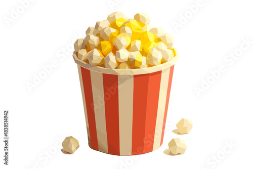 3d-style popcorn in red and white striped container on white background