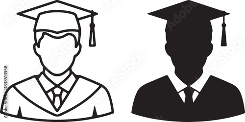 Graduation Cap and Gown Icons One Outline One Silhouette graduate student on transparent background