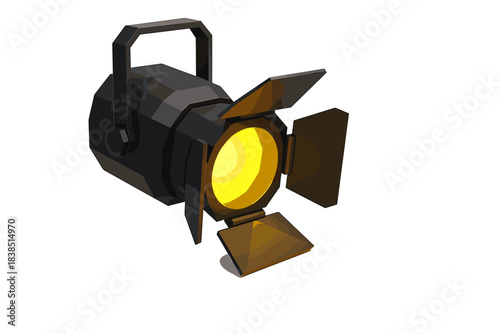 Black stage spotlight with yellow light and barn doors on white background