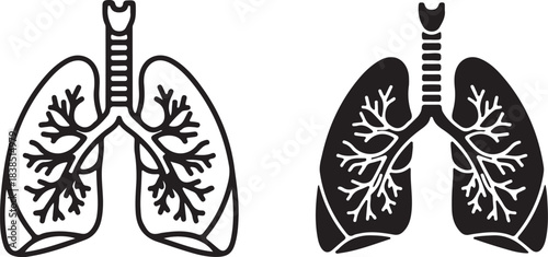 Human lungs icon in outline and solid black versions with trachea respiratory system breathing on transparent background