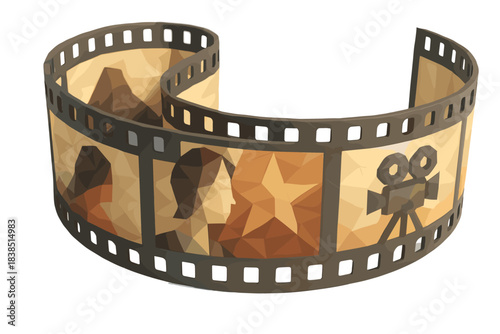 Curved film strip with vintage camera and stars