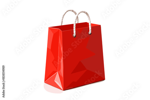 Bright red shopping bag with rope handles on white background