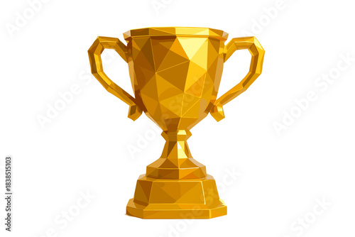 Polygonal gold trophy with geometric design on white background