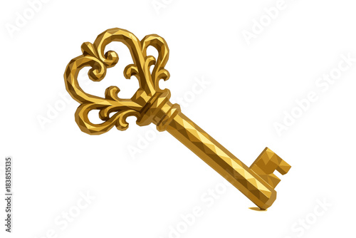 Ornate gold skeleton key with intricate design on white background