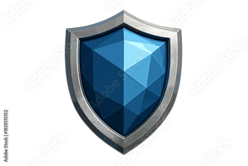 Metallic shield with blue geometric gem design on white background
