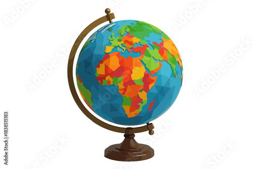 Colorful world globe with geographic details on stand