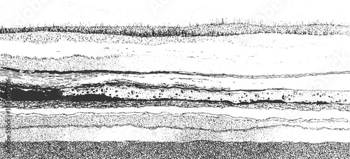 Black and white cross section illustration of layered geological strata with varied textures abstract 