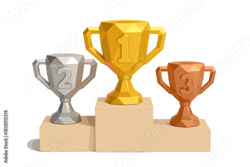 Gold, silver, bronze trophies on podium stand