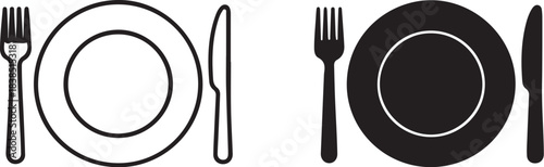 Plate Fork and Knife Icon Outline and Silhouette on White Background cutlery dining on transparent background