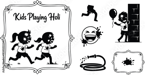 Silhouette vector art close up of two children running and throwing color during holi festival with decorative frames and splatter elements viewed in high contrast style