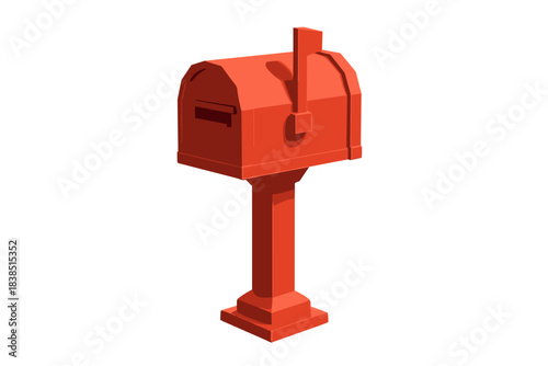 Red mailbox on post with flag and front compartment