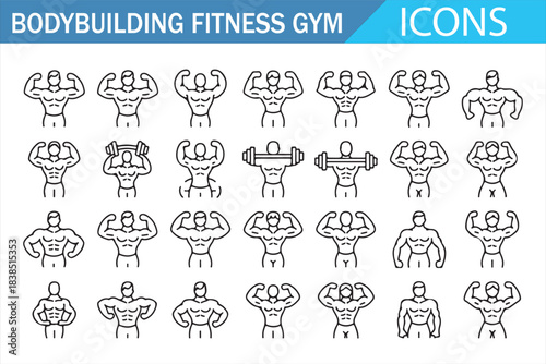 Gym strength training bodybuilding outline icons pack