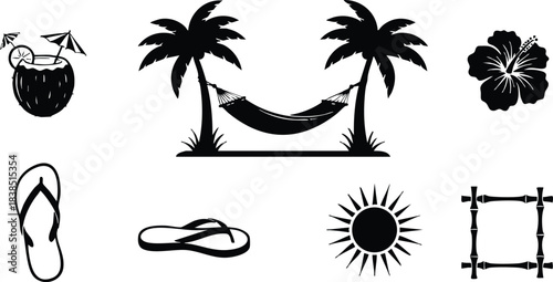 Flat design silhouette icon set showing hammock between two palm trees with coconut drink hibiscus flip flops sun and bamboo frame tropical vacation theme black icons