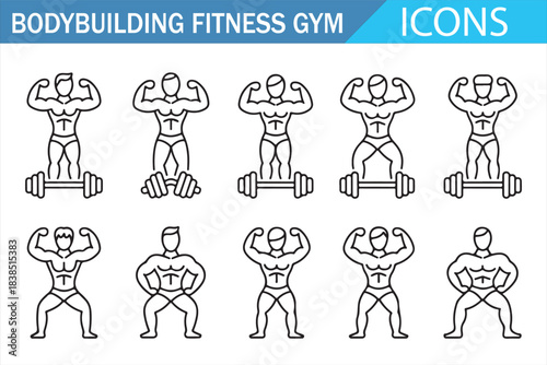 Bodybuilding and fitness training icon collection in line style