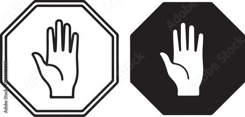 Stop Hand Gesture Icon In Octagon Outline And Filled Black signal prohibition on transparent background