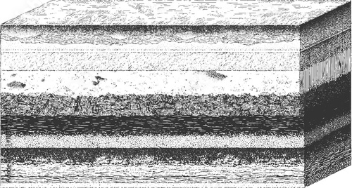 Detailed black and white illustration of folded geological strata and rock formations geology 