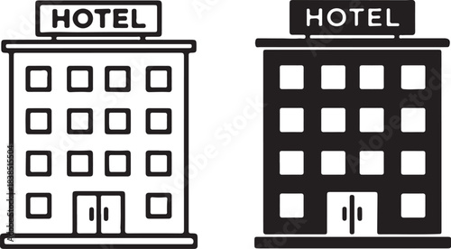 Two Hotel Buildings One Outline One Filled Black accommodation lodging on transparent background