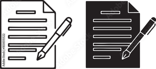 Two Icons of a Document with Pen One Outline and One Solid Black Silhouette on transparent background