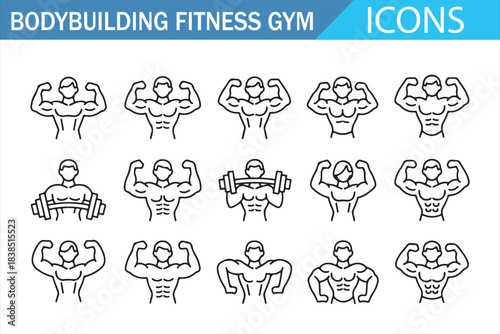 Bodybuilding fitness gym line icons set with muscular athlete poses for workout, training, strength and sports vector illustration