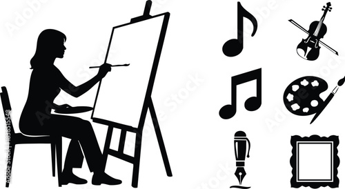 Silhouette vector art side view female artist sitting on chair painting on easel with brush looking at canvas and music icons violin palette microphone frame minimalist