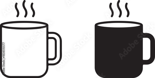 Two Icons of a Steaming Coffee Mug, One Outline and One Solid Black hot drink beverage on transparent background