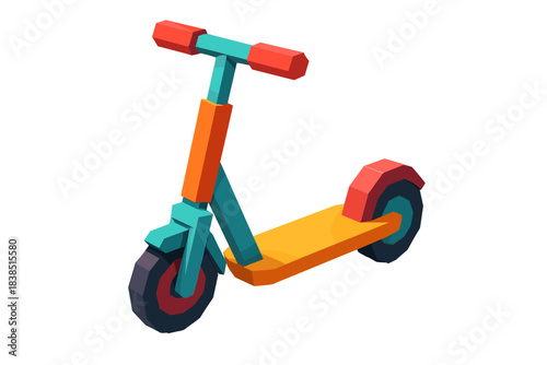 Colorful geometric toy scooter with triangular design on white background