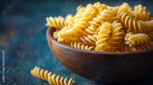 Dry fusilli pasta in a bowl. Macaroni texture. Italian food. Uncooked pasta. Cooking ingredient. Carb meal. Kitchen product