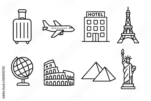 Travel icons: luggage, airplane, hotel, eiffel tower, globe, colosseum, pyramids, statue of liberty