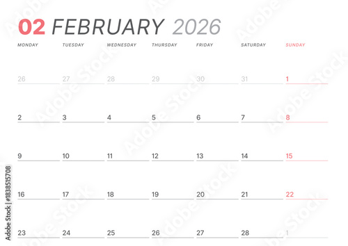 February 2026 monthly planner calendar template. Clean, minimalist vector illustration for web, print. Modern, simple schedule organizer, printable datebook for business and personal use