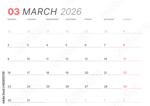 March 2026 monthly planner calendar template. Clean, minimalist vector illustration for web, print. Modern, simple schedule organizer, printable datebook page for business and personal use