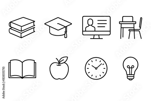 Education icons: books, graduation cap, online learning, classroom, apple, clock, lightbulb