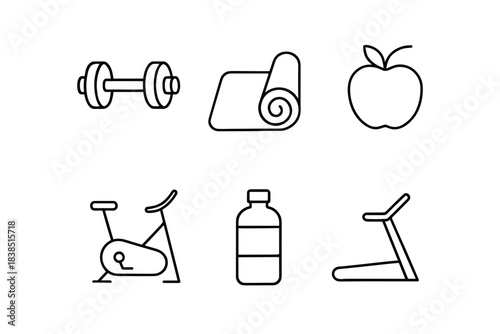 Fitness icons: dumbbell, yoga mat, apple, exercise bike, water bottle, treadmill