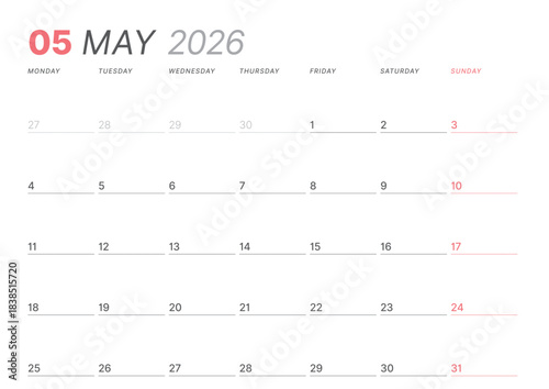 May 2026 monthly planner calendar template. Clean, minimalist vector illustration for web, print. Modern, simple schedule organizer, printable datebook page for business and personal use
