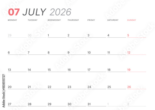 July 2026 monthly planner calendar template. Clean, minimalist vector illustration for web, print. Modern, simple schedule organizer, printable datebook page for business and personal use