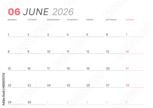 June 2026 monthly planner calendar template. Clean, minimalist vector illustration for web, print. Modern, simple schedule organizer, printable datebook page for business and personal use