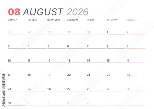 August 2026 monthly planner calendar template. Clean, minimalist vector illustration for web, print. Modern, simple schedule organizer, printable datebook page for business and personal use