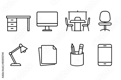 Minimalist office supplies icons set featuring desk, chair, computer, lamp, papers, pens, smartphone