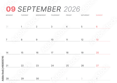September 2026 monthly planner calendar template. Clean, minimalist vector illustration for web, print. Modern, simple schedule organizer, printable datebook page for business and personal use