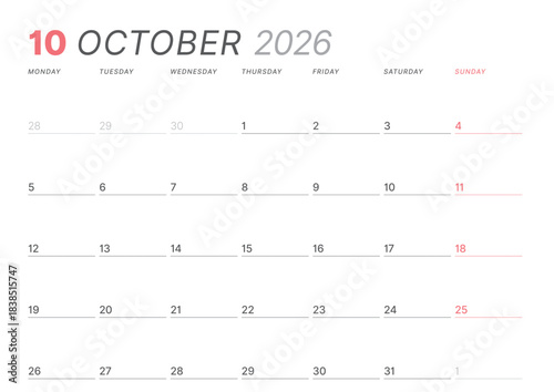 October 2026 monthly planner calendar template. Clean, minimalist vector illustration for web, print. Modern, simple schedule organizer, printable datebook page for business and personal use