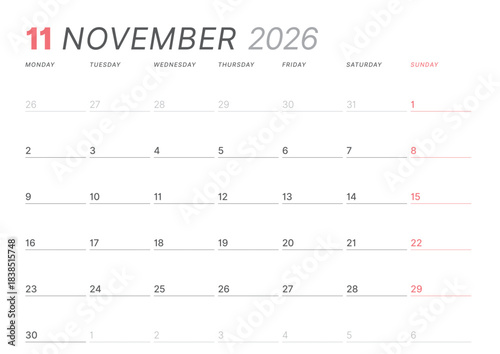 November 2026 monthly planner calendar template. Clean, minimalist vector illustration for web, print. Modern, simple schedule organizer, printable datebook page for business and personal use