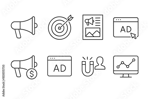 Digital marketing icons: megaphone, target, ad, magnet, analytics symbols