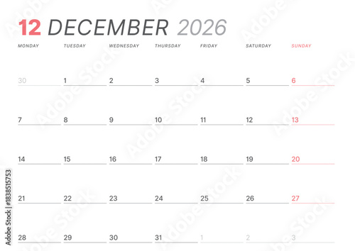 December 2026 monthly planner calendar template. Clean, minimalist vector illustration for web, print. Modern, simple schedule organizer, printable datebook page for business and personal use
