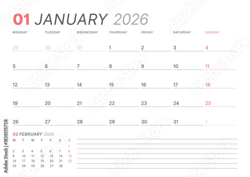 January 2026 monthly planner calendar template, week starts on Monday. Minimalist vector illustration for web, print. Modern, simple schedule organizer, printable page for business and personal use