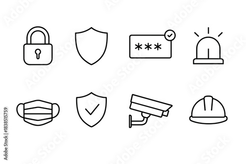 Security icons set: lock, shield, password, alert, mask, cctv, helmet