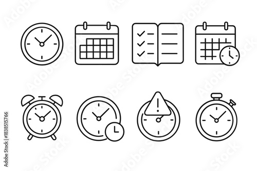 Outline icons of clocks calendars alarms schedules and timers