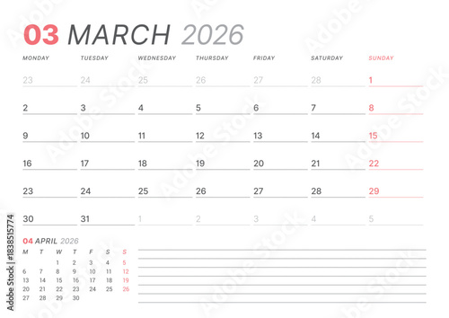 March 2026 monthly planner calendar template, week starts on Monday. Minimalist vector illustration for web, print. Modern, simple schedule organizer, printable page for business and personal use